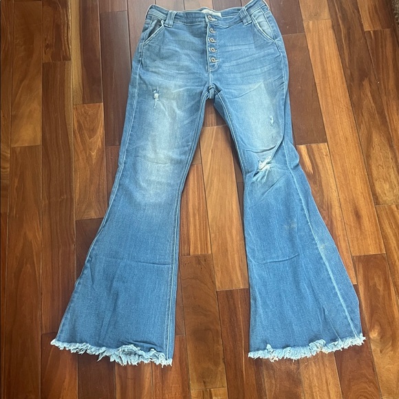 KanCan Denim - KanCan Light Blue Distressed Flare Jeans with Button Front